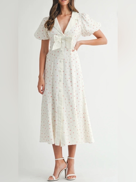 Mable Dresses & Skirts - Mable Bayside Bow Front Puff Ditsy Floral Midi Cottagecore Coquette Dress M